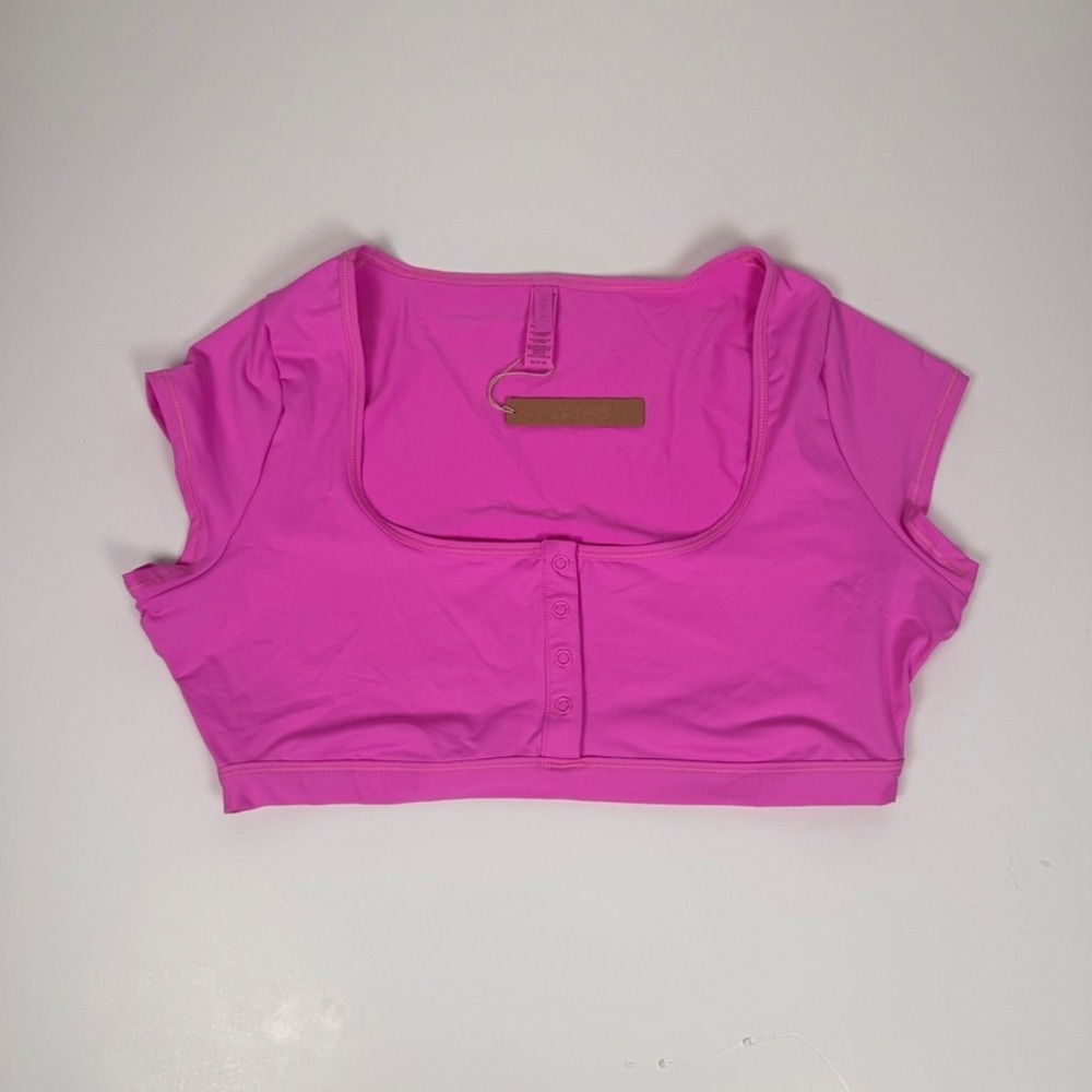 SKIMS Recycled Swim Super Cropped T-Shirt Neon Orchid Pink Henley 2X NEW